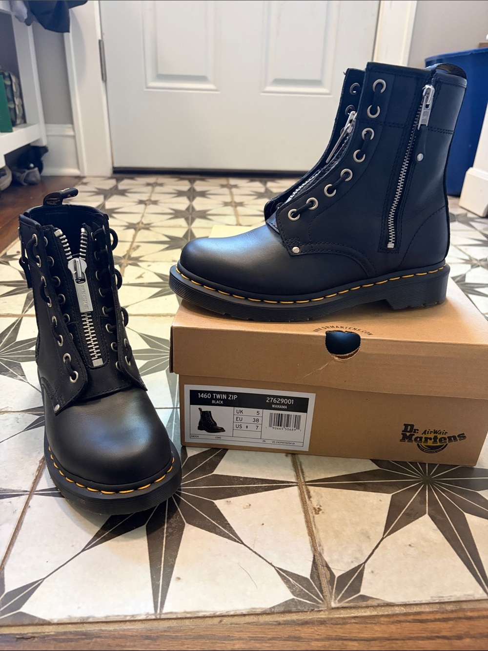 Dr. Martens Black Twin Zip woman’s Combat Boots with Yellow Welt Stitching
